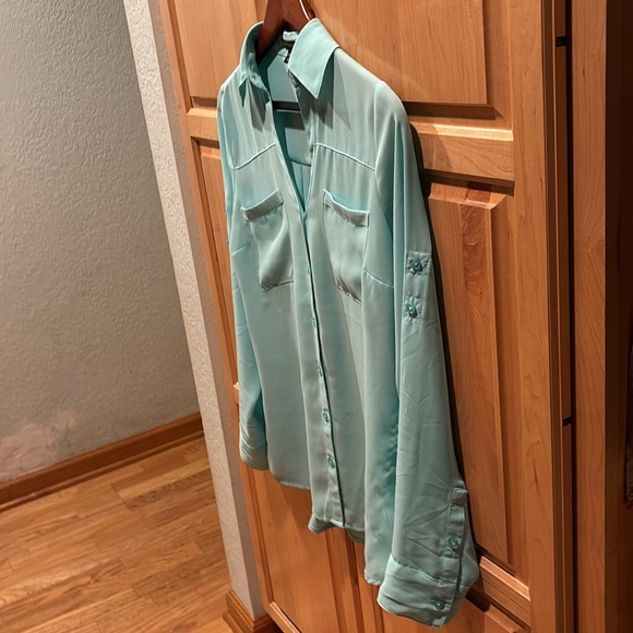 EXPRESS Small Top Blouse Shirt Convertible Sleeve Teal Pale Green women’s - Picture 4 of 8